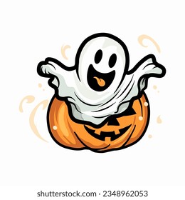 Flying cute ghost in front of pumpkin. Happy Halloween. Cute cartoon spooky character. Boo Bubble. Vector illustration