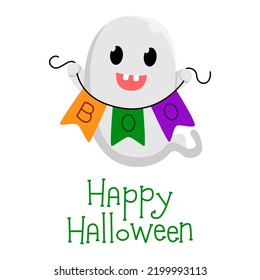 Flying cute ghost holding bunting flag Boo. Happy Halloween. Childish spooky boo character. Great for card, poster, kids room, logo, print, mascot. Isolated flat cartoon vector illustrations