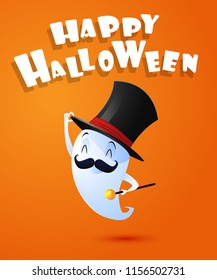 Flying cute ghost spirit with hat. Happy Halloween. Scary white ghosts. Cute cartoon spooky character. Orange background Greeting card.Vector illustration