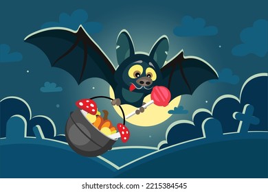 Flying cute Halloween bat with witch cauldron and lollipop at ni