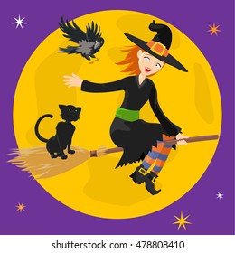 Flying cute  Halloween witch and black cat on the broom on  big  yellow moon background. Vector illustration
