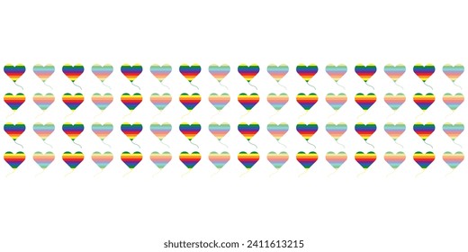Flying cute heart shaped air balloons with strings in rainbow colours. Geometric seamless vector pattern Border for Valentine, birthday and wedding greeting cards and stationery. 