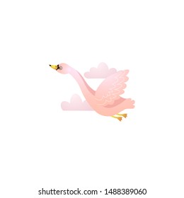 Flying cute pink swan among the clouds. Raster illustration in the flat cartoon style
