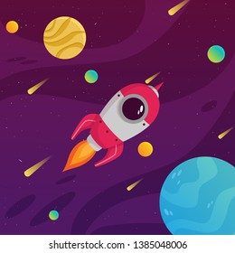 Flying cute rocket space on colorful galaxy and planet