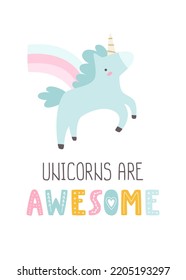 Flying cute unicorn poster with lettering. Girly print with rainbow and unicorn for wall art.