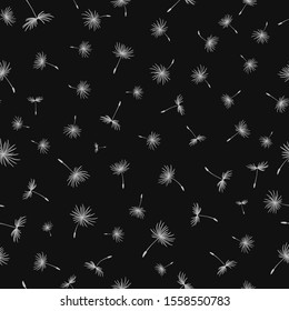 Flying dandelion seeds. Seamless pattern. Black white illustration with flying dandelions. Floral texture for fabric, fashion design, decorative elements. Vector dark background