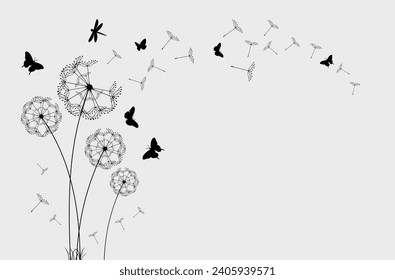 Flying dandelion seeds, vector icon. Vector isolated decoration element from scattered silhouettes.