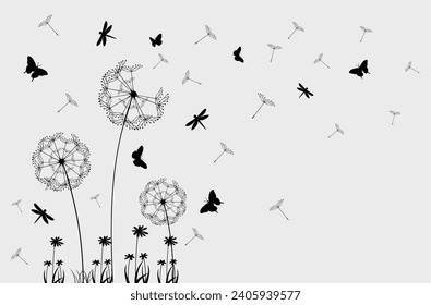 Flying dandelion seeds, vector icon. Vector isolated decoration element from scattered silhouettes.