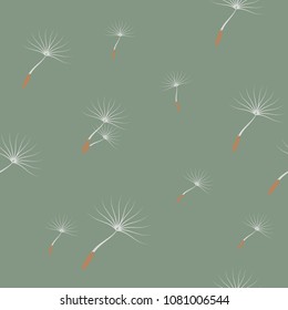 Flying Dandelion vector seamless pattern design. Surface pattern design. Great for summer vintage fabric, wallpaper, giftwrap, scrapbooking. Wildflowers on gray green background