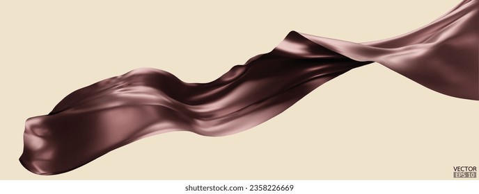 Flying dark brown silk textile fabric flag background. Smooth elegant chocolate Satin Isolated on white Background for grand opening ceremony. Flying brown silk vertical image. 3d vector illustration