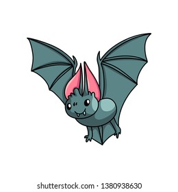 Flying dark grey bat with white teeth and red ears