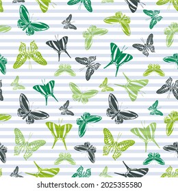 Flying decorative butterfly silhouettes over horizontal stripes vector seamless pattern. Vintage fabric print design. Lines and butterfly winged insect silhouettes seamless illustration.