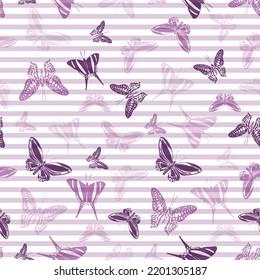 Flying decorative butterfly silhouettes over horizontal stripes vector seamless pattern. Vintage fabric print design. Lines and butterfly garden insect silhouettes seamless illustration.