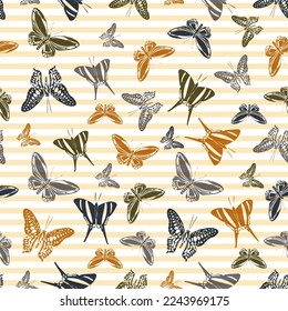 Flying decorative butterfly silhouettes over striped background vector seamless pattern. Kids fashion fabric print design. Lines and butterfly garden insect silhouettes seamless pattern.