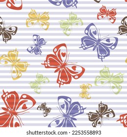 Flying decorative butterfly silhouettes over striped background vector seamless pattern. Vintage textile print design. Stripes and butterfly winged insect silhouettes seamless illustration.