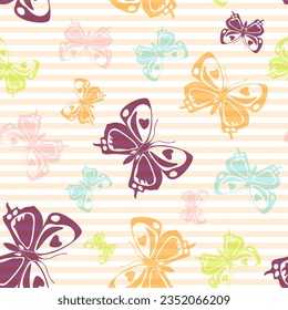 Flying decorative butterfly silhouettes over horizontal stripes vector seamless pattern. Girlish fashion fabric print design. Stripes and butterfly winged insect silhouettes seamless design.