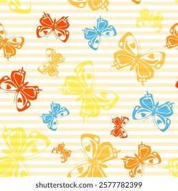 Flying decorative butterfly silhouettes over horizontal stripes vector seamless pattern. Cartoon fabric print design. Stripes and butterfly winged insect silhouettes seamless design.