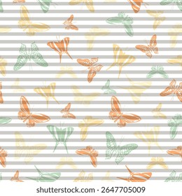 Flying decorative butterfly silhouettes over horizontal stripes vector seamless pattern. Childish fashion textile print design. Lines and butterfly garden insect silhouettes seamless pattern.