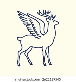 Flying Deer Line Art Silhouette Icon, Majestic Elegant Deer with Wings Illustration Fantasy and Mythological Themes