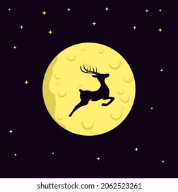 Flying deer. Deer logo. Christmas animal with moon and stars background. Vector illustration for logo business, mascot, icon, template, Christmas card