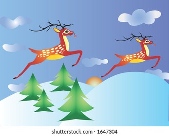 flying deers with a winter scene, for Christmas