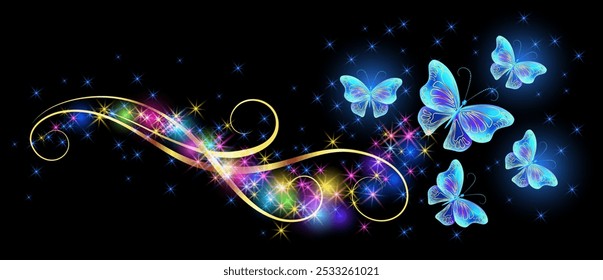 Flying delightful blue butterfly with sparkle and blazing trail flying in night sky among shiny glowing stars and golden small butterflies in cosmic space.