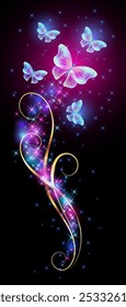 Flying delightful blue butterfly with sparkle and blazing trail flying in night sky among shiny glowing stars and golden small butterflies in cosmic space.