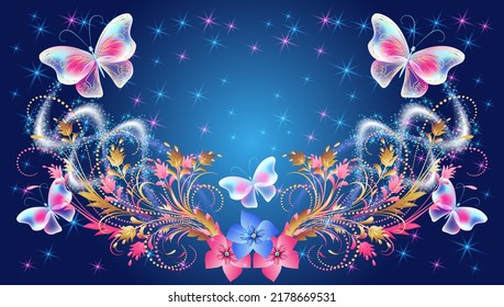 Flying delightful butterflies and flowers with golden branches and leaves flying in night sky among shiny glowing stars. Animal protection day concept.