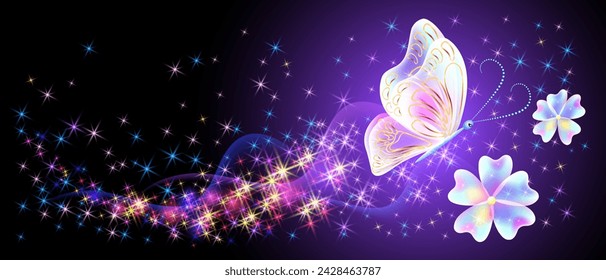 Flying delightful butterflies and flowers with sparkle and blazing trail flying in night sky among shiny glowing stars in cosmic space. Love and romance concept.