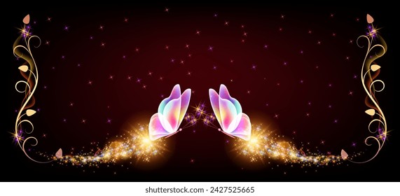 Flying delightful butterflies with sparkle and blazing trail flying in night sky among shiny glowing stars in cosmic space. Animal protection day concept.