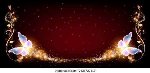 Flying delightful butterflies with sparkle and blazing trail flying in night sky among shiny glowing stars in cosmic space. Animal protection day concept.