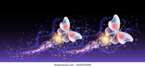 Flying delightful butterflies with sparkle and blazing trail flying in night sky among shiny glowing stars in cosmic space. Love and romance concept.