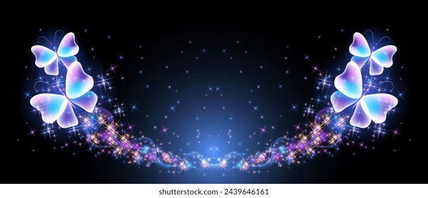 Flying delightful butterflies with sparkle and blazing trail flying in night sky among shiny glowing stars in cosmic space. Love and romance concept.