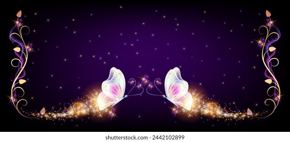 Flying delightful butterflies with sparkle and blazing trail flying in night sky among shiny glowing stars in cosmic space. Animal protection day concept.