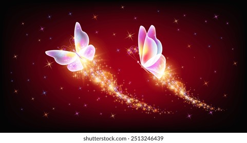 Flying delightful butterflies with sparkle and blazing trail flying in night sky among shiny glowing stars in cosmic space. Love and romance concept.