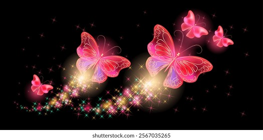 Flying delightful butterflies with sparkle and blazing trail flying in night sky among shiny glowing stars in cosmic space. Animal protection day concept.