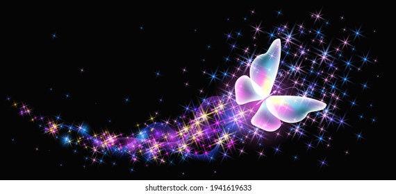 Flying delightful butterfly with sparkle and blazing trail flying in night sky among shiny glowing stars in cosmic space. Animal protection day concept.