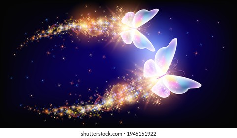 Flores mágicas y deliciosas mariposas con senderos brillantes que vuelan en el cielo nocturno entre brillantes estrellas en el espacio cósmico. El concepto de amor y romance.