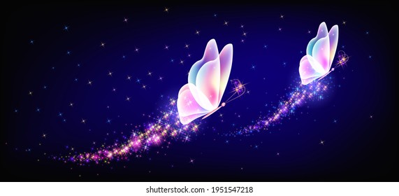 Flying delightful magical butterflies with sparkle and blazing trail flying in night sky among shiny glowing stars in cosmic space. Love and romance concept.