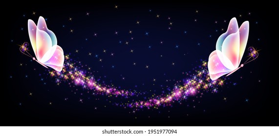 Flying delightful magical butterflies with sparkle and blazing trail flying in night sky among shiny glowing stars in cosmic space. Love and romance concept.