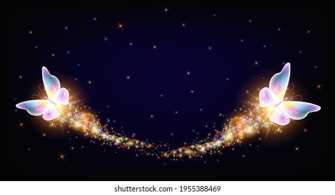 Flores mágicas y deliciosas mariposas con senderos brillantes que vuelan en el cielo nocturno entre brillantes estrellas en el espacio cósmico. El concepto de amor y romance.