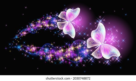 Flores mágicas y deliciosas mariposas con senderos brillantes que vuelan en el cielo nocturno entre brillantes estrellas en el espacio cósmico. El concepto de amor y romance.