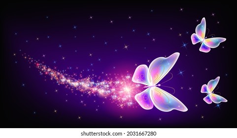 Flying delightful magical butterflies with sparkle and blazing trail flying in night sky among shiny glowing stars in cosmic space. Love and romance concept.