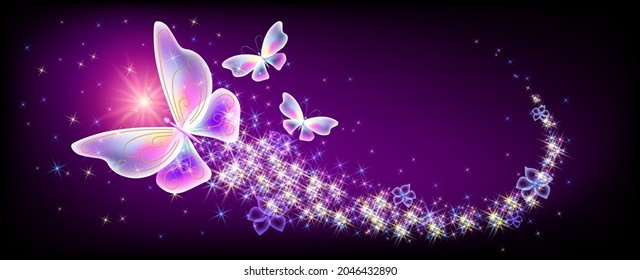 Flying Delightful Magical Butterflies With Sparkle And Blazing Trail Flying In Night Sky Among Shiny Glowing Stars In Cosmic Space. Love And Romance Concept.