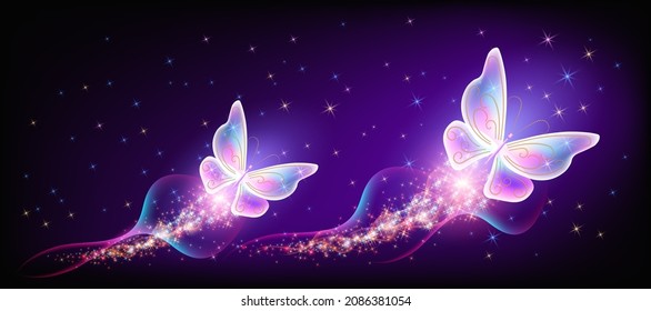 Flying delightful magical butterflies with sparkle and blazing trail flying in night sky among shiny glowing stars in cosmic space.