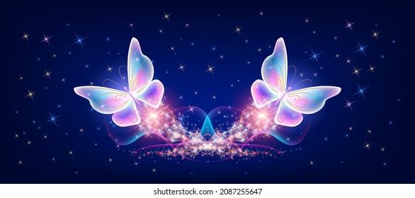 Flying delightful magical butterflies with sparkle and blazing trail flying in night sky among shiny glowing stars in cosmic space.