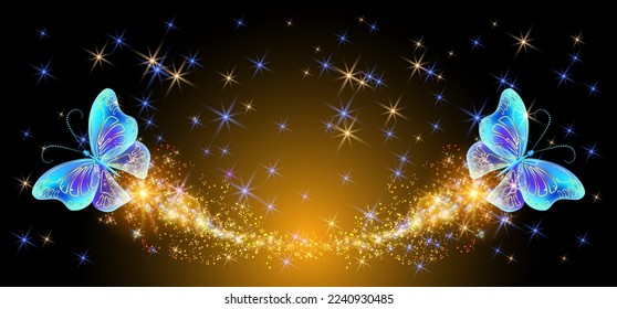 Flying delightful magical butterflies with sparkle and blazing trail in night sky. Love and romance concept.