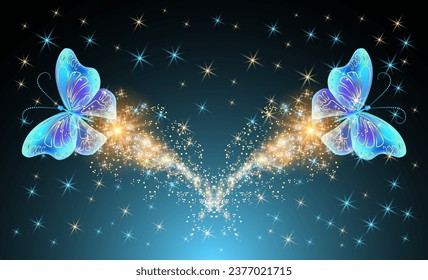 Flying delightful magical butterflies with sparkle and blazing trail in night sky. Love and romance concept.