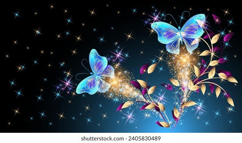 Flying delightful magical butterflies with sparkle and blazing trail in night sky. Love and romance concept.