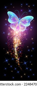 Flying delightful magical butterfly with sparkle and blazing trail flying in night sky among shiny glowing stars in cosmic space.